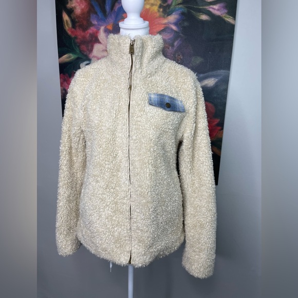 Pendleton Ladies' Softshell Fuzzy Full Zip Sherpa Jacket Beige Wool Plaid Sz S - Picture 2 of 11